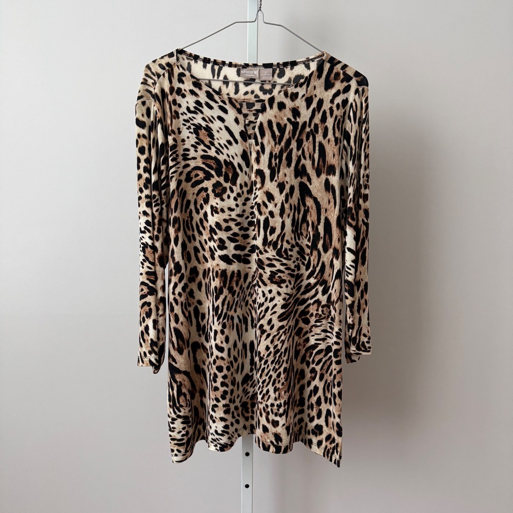 Chicos sz 12-14/ 2‎ Travelers Leopard Print Tunic Top Brown Tan Lattice Neck